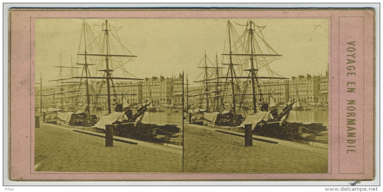 Stéréo 1860-70 Hippolyte Jouvin. Voyage En Normandie. Port De Rouen. Voilier. - Stereoscopic