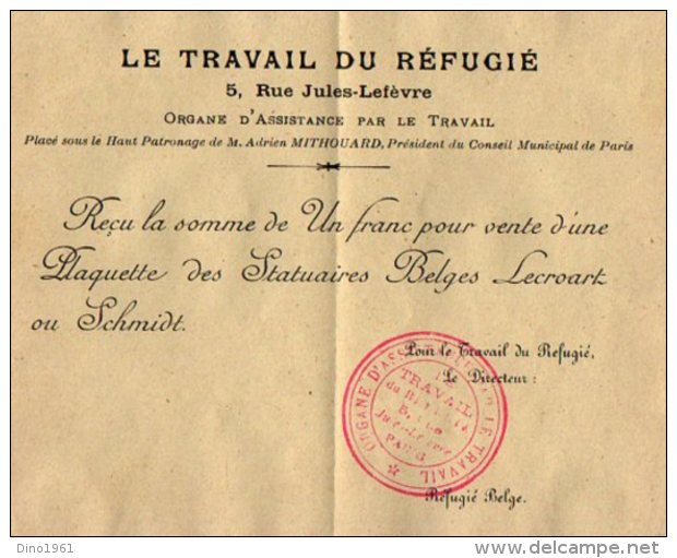 VP4517 -  MILITARIA - PARIS - Reçu De L´Organe D´Assistance Par Le Travail - Réfugié Belge - Documenti