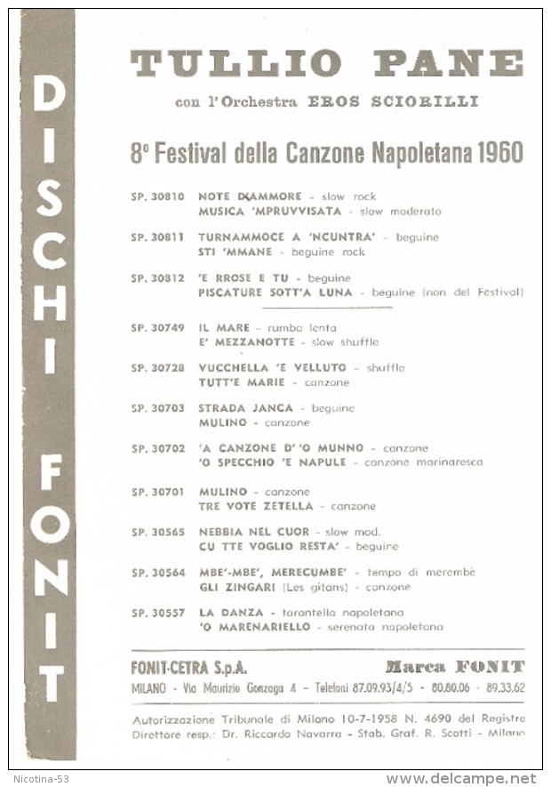 IMM--0005--  TULLIO PANE- DISCHI FONIT CETRA ( FESTIVAL CANZONE NAPOLETANA ) 1960 - Posters