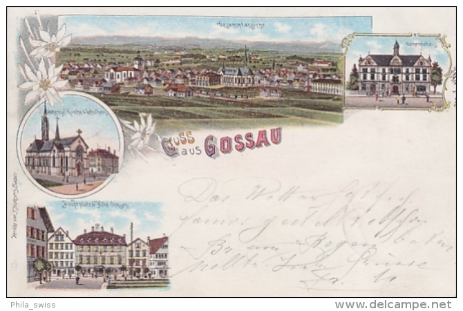 Gossau, Gruss Aus - Litho - Gesamtansicht, Gemeindehaus, Kirche U. Schulhaus, Hauptplatz U. Hotel Ochsen - Gossau