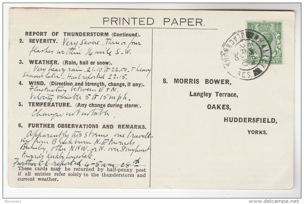 1932 WHALLEY Cds Pmk COVER Postcard METEOROLOGY Report  STONYHURST COLLEGE Re THUNDERSTORM Gb Gv Stamps - Climate & Meteorology