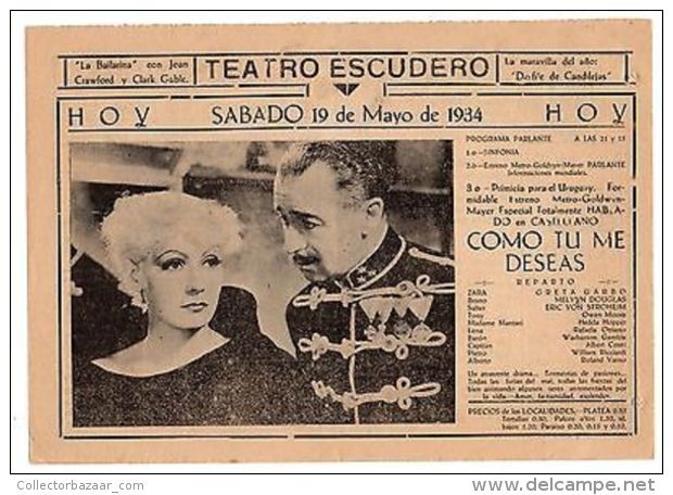1934 Greta Garbo As You Desire Me ORIGINAL HERALD MOVIE PROGRAM IN SPANISH - Otros & Sin Clasificación