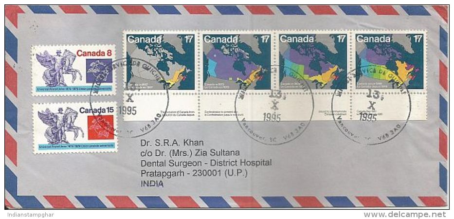 Canada To India Used Cover With Six Stamps On Cover, 1995, As Per Scan - Enveloppes Commémoratives