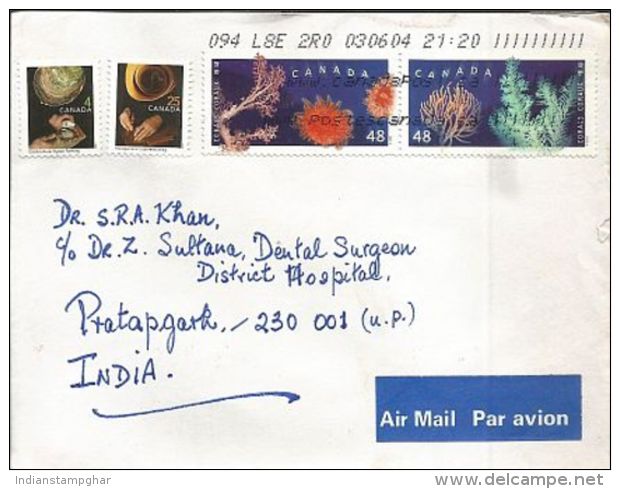 Canada To India Used Cover With Four Stamps On Cover, 2003,Corals As Per Scan - HerdenkingsOmslagen