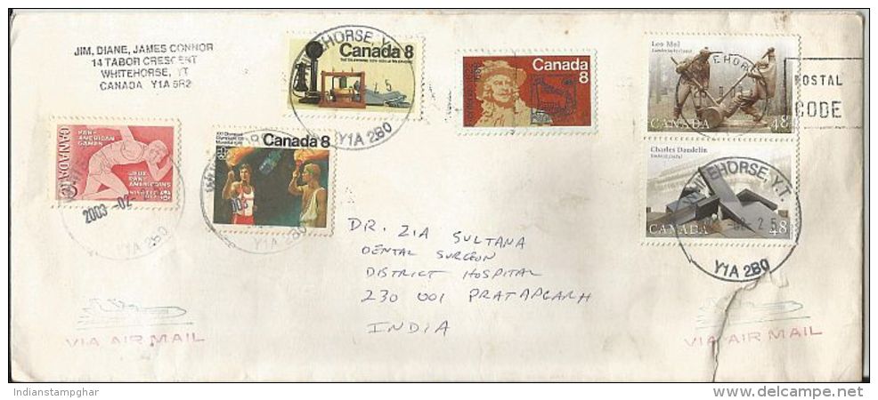 Canada To India Used Cover With Six Stamps On Cover, 2003,Sports, Telephone, Slighty Torned At Bottom, As Per Scan - Gedenkausgaben
