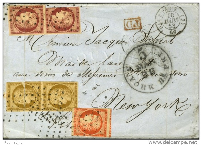 Rouleau De Points / N° 1 Paire + 5 + 6 Paire (qlqs Defs) Càd (J) PARIS (J) Sur Lettre 2 Ports Pour New... - 1849-1850 Cérès