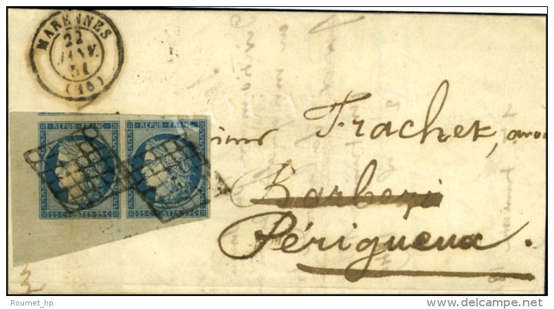 Grille / N° 4 Paire Coin De Feuille (1 Ex Léger Pli) Càd T 15 MARENNES (16). 1851. - TB / SUP. -... - 1849-1850 Cérès