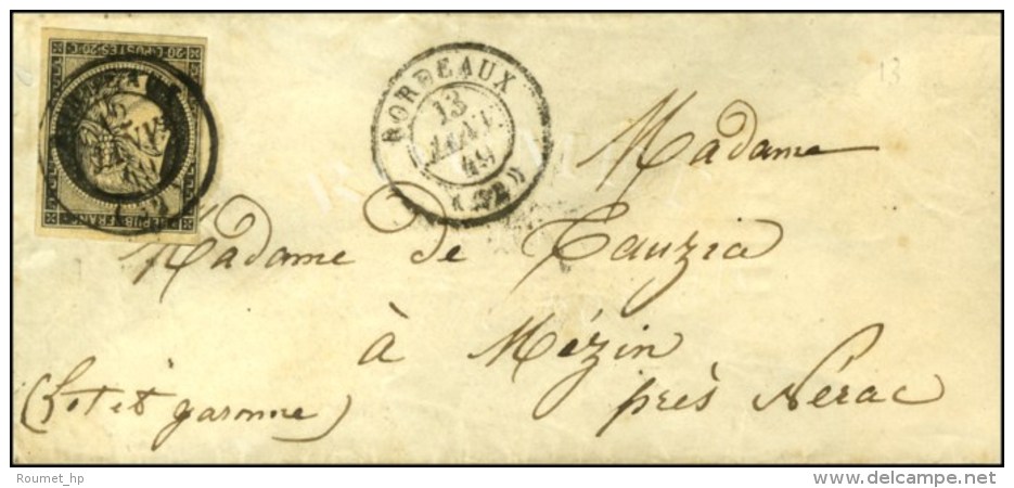 Càd T 15 BORDEAUX (32) 13 JANV. 49 / N° 3 Sur Lettre Pour Mezin (près Nerac). Au Verso,... - 1849-1850 Cérès