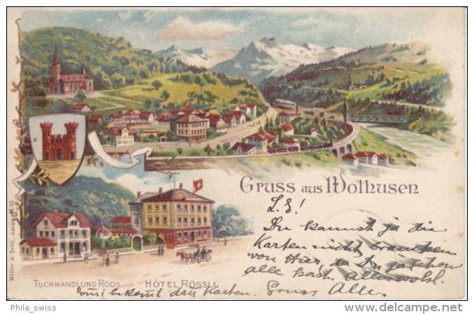 Wolhusen, Gruss Aus - Tuchhandlung Roos, Hotel Rössli, Gesamtansicht - Farbige Litho - Wolhusen