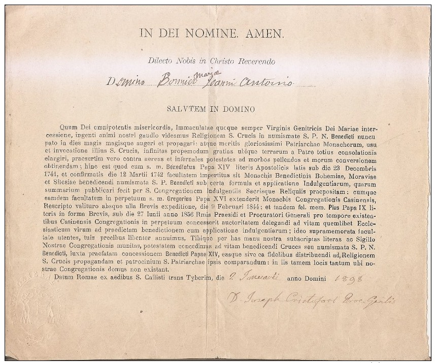 In Dei Nominé Amen-salutem In Domino 1898 - Religion & Esotérisme