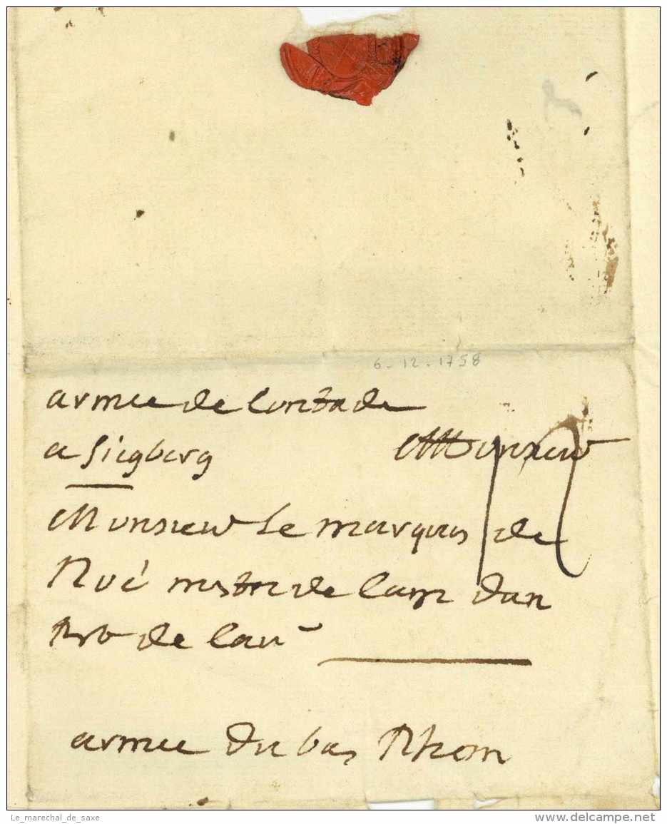 Gaspard Duc De CLERMONT-TONNERRE (1688-1781) - Maréchal De France - 1758 - Guerre De Sept Ans SIEGBURG Bonn - Army Postmarks (before 1900)