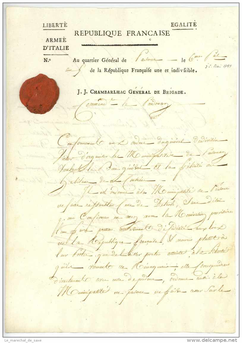 ARMEE D'ITALIE -  Général J.A. De CHAMBARLHAC DE LAUBESPIN (1754-1826) - Padoue Padova 1797 Marengo - Army Postmarks (before 1900)