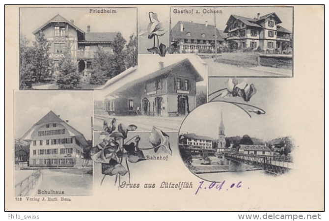 Lützelflüh, Gruss Aus - S/w - 5 Bilder - Friedheim, Gasthof Z. Ochsen, Schulhaus, Bahnhof - Lützelflüh