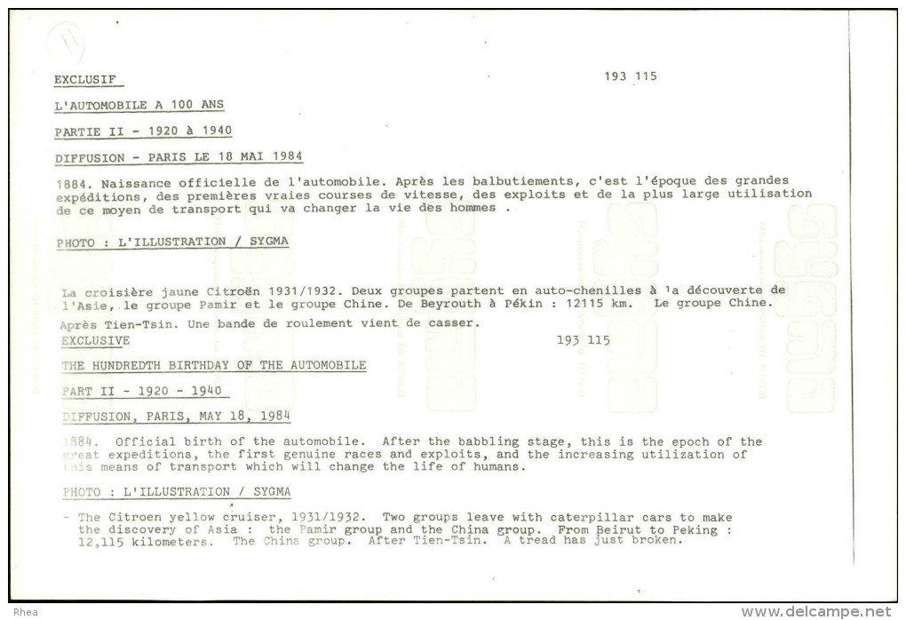AUTOMOBILES - PHOTO SYGMA DE 1984 - CROISIERE JAUNE CITROEN 1931-32 - Après Tien-Tsin - Automobiles