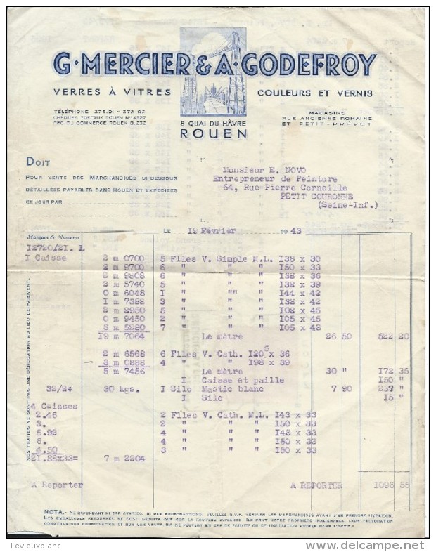 Facture/G Mercier & A Godefroy/Verres à Vitres- Couleurs Et Vernis/Seine Inférieure//1943     FACT165 - Droguerie & Parfumerie