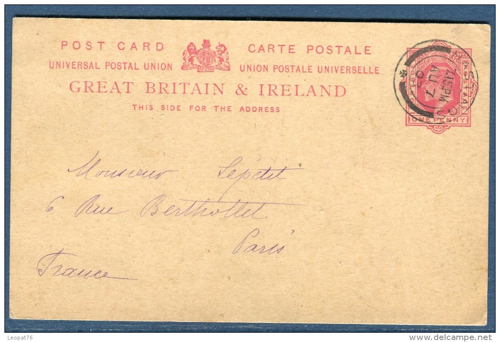 Grande Bretagne - Entier Postal De Hasting Pour La France 1903  à Voir 2 Scans   Réf. 871 - Postwaardestukken