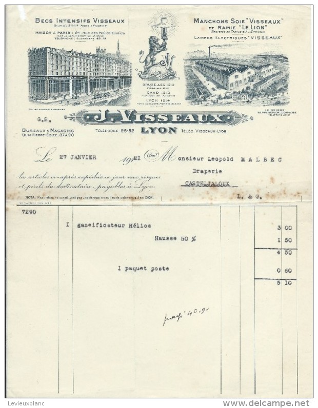 Facture/ Becs Intensifs/Visseaux/ LYON/Rhône  / 1921      FACT182 - Elektriciteit En Gas