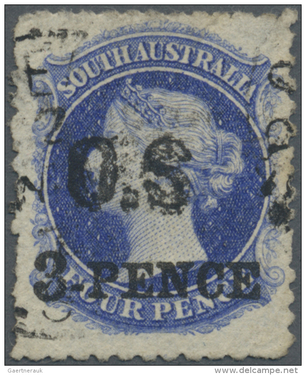 1877, QV 4d Ultramarine Surcharged '3 PENCE' And Optd. 'O.S' With Variety 'No Stop After S' Fine Used With Minor... - Usati