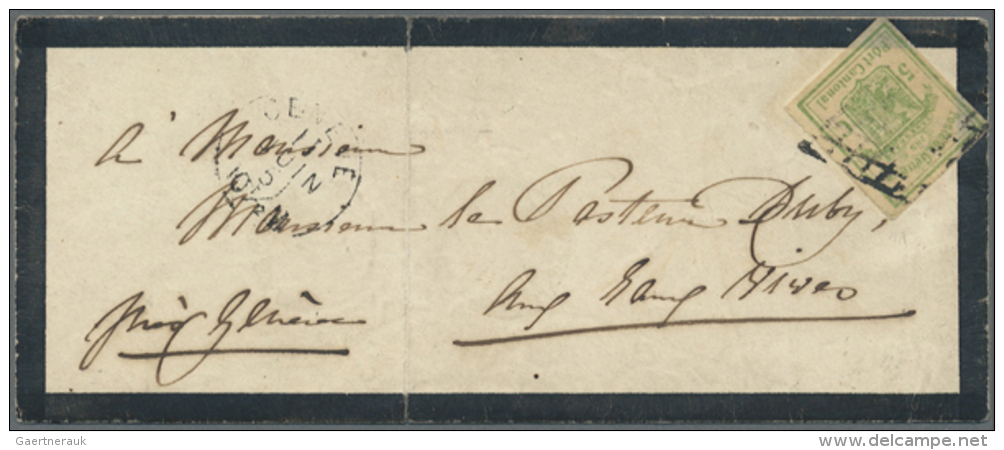 1849,  5 C. Green Postal Stationery Cut Out On Mourning Cover For The 1st Rayon From Geneva, Addressed To Monsieur... - 1843-1852 Poste Federali E Cantonali
