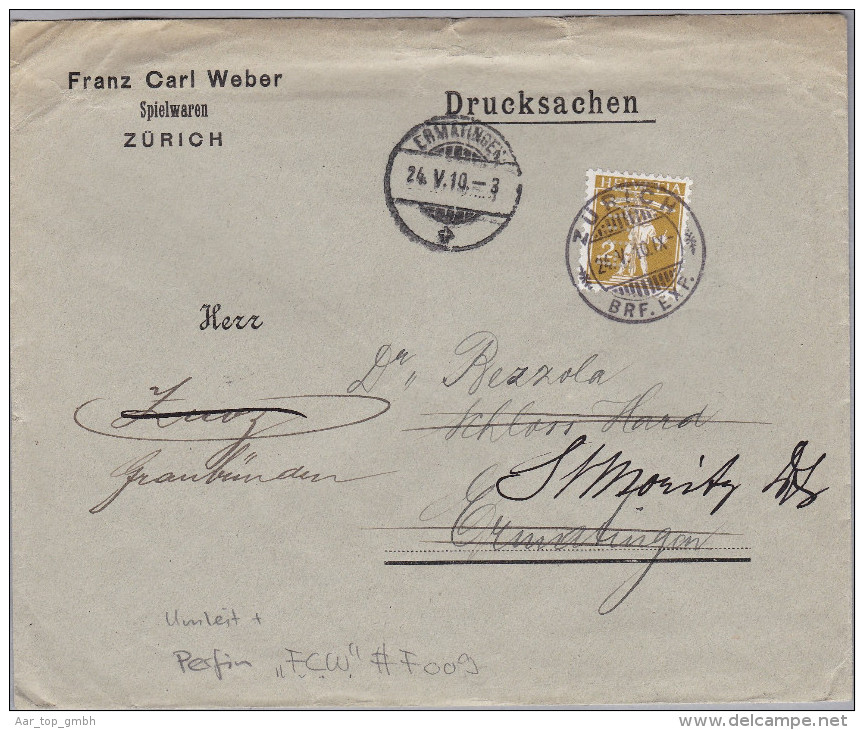 Schweiz Tellknabe 1910-05-24 Zürich Perfin Brief "F.C.W." #F009 Franz Carl Weber Weitergel - Lettres & Documents