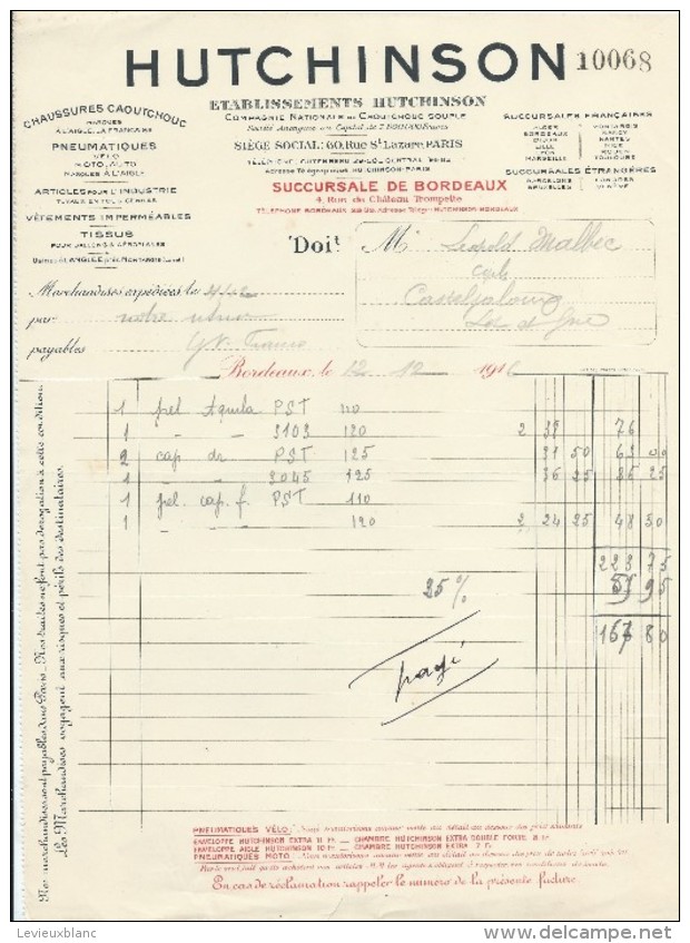 Facture/Cie Nationale Du Caoutchouc Souple/Hutchinson/BORDEAUX/Gironde/1916  FACT191 - Andere & Zonder Classificatie