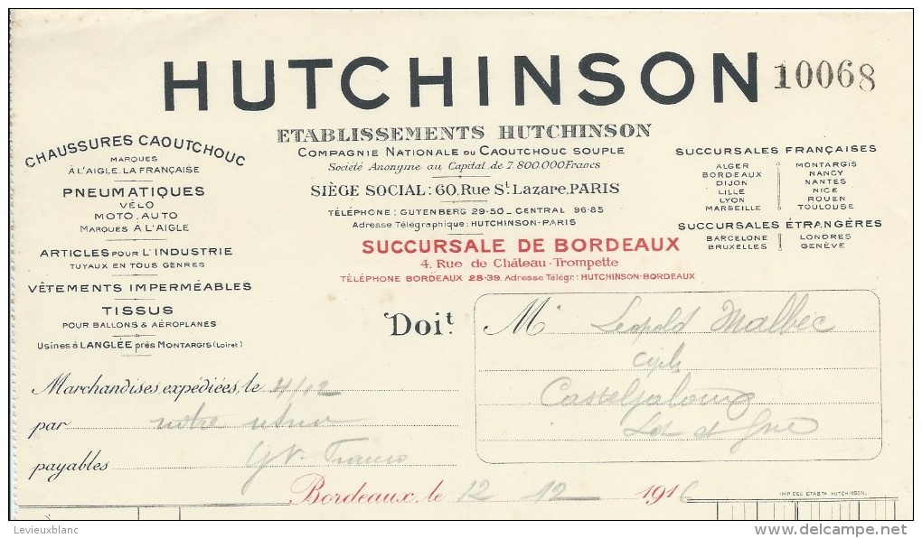 Facture/Cie Nationale Du Caoutchouc Souple/Hutchinson/BORDEAUX/Gironde/1916  FACT191 - Andere & Zonder Classificatie