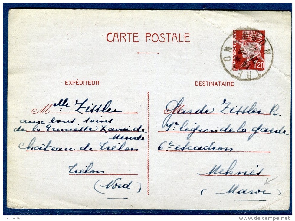 France  - Oblitération De Trélon  Sur Entier Postal Type Pétain Pour Le Maroc En 1942  à Voir 2 Scans   Réf. 882 - 1921-1960: Période Moderne