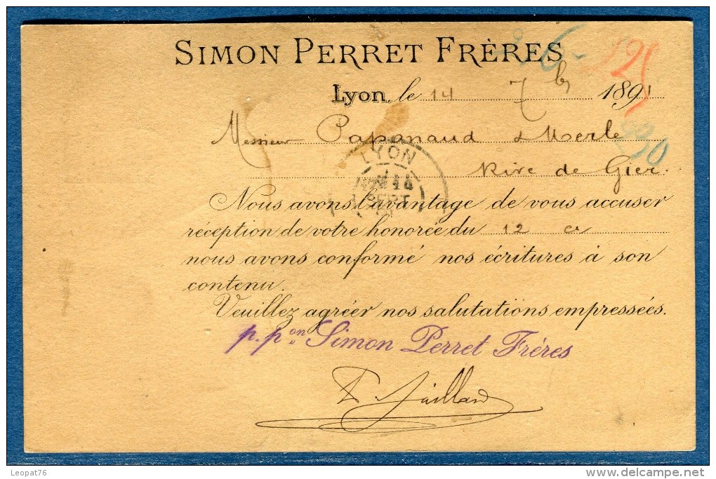 France  - Oblitération De Lyon Préfecture En 1891 Pour Rive De Gier Sur Entier Postal    à Voir 2 Scans   Réf. 890 - 1877-1920: Période Semi Moderne