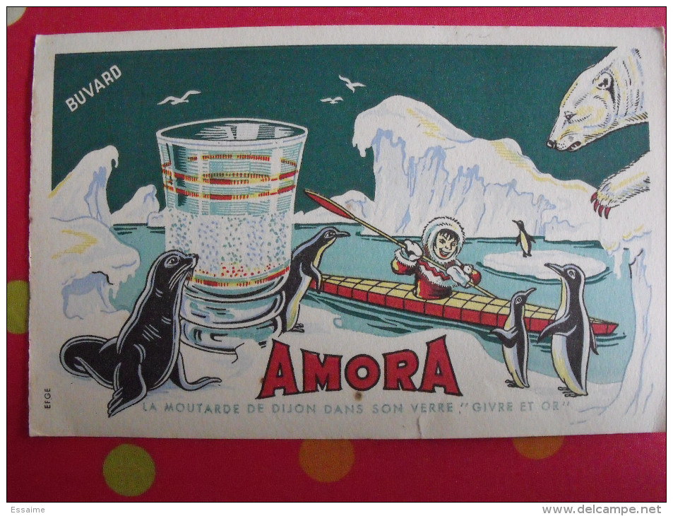 Buvard Moutarde Amora. Dijon. Verre Esquimau Pingouin Otarie Phoque Ours Blanc. Vers 1950 - Mostard