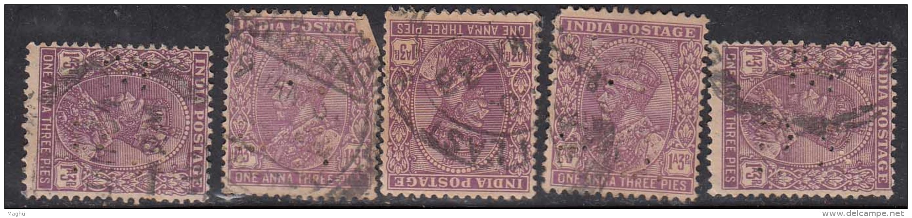 5 Perfins, Perfin, British India Used, KG V Series - Perforiert/Gezähnt