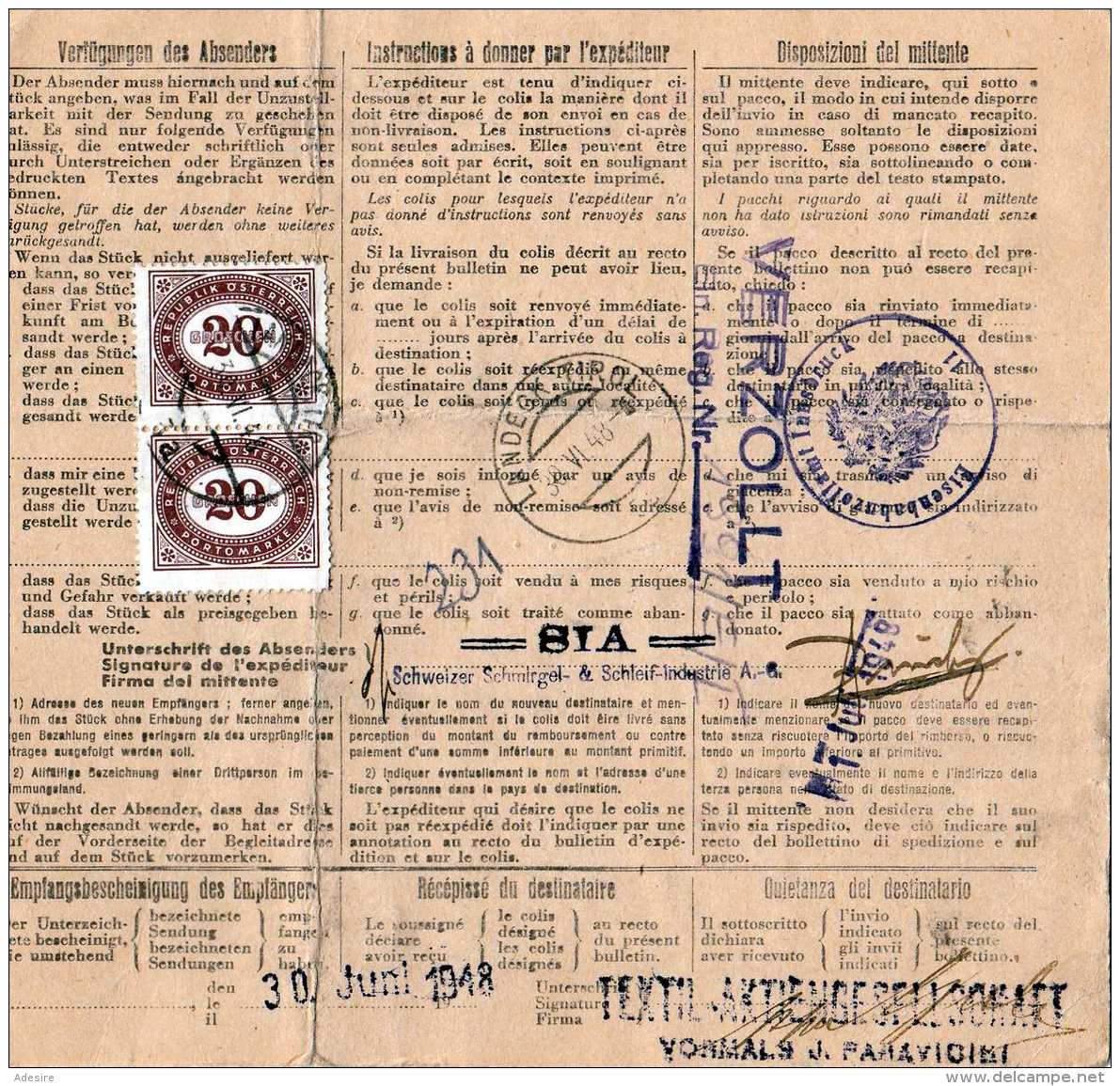 ÖSTERREICH NACHPORTO 1948 - 2 X 20 Gro Nachporto Auf Paketkarte Gel.v. Buchs Schweiz > Tirol Stempel Frauenfeld ... - Postage Due