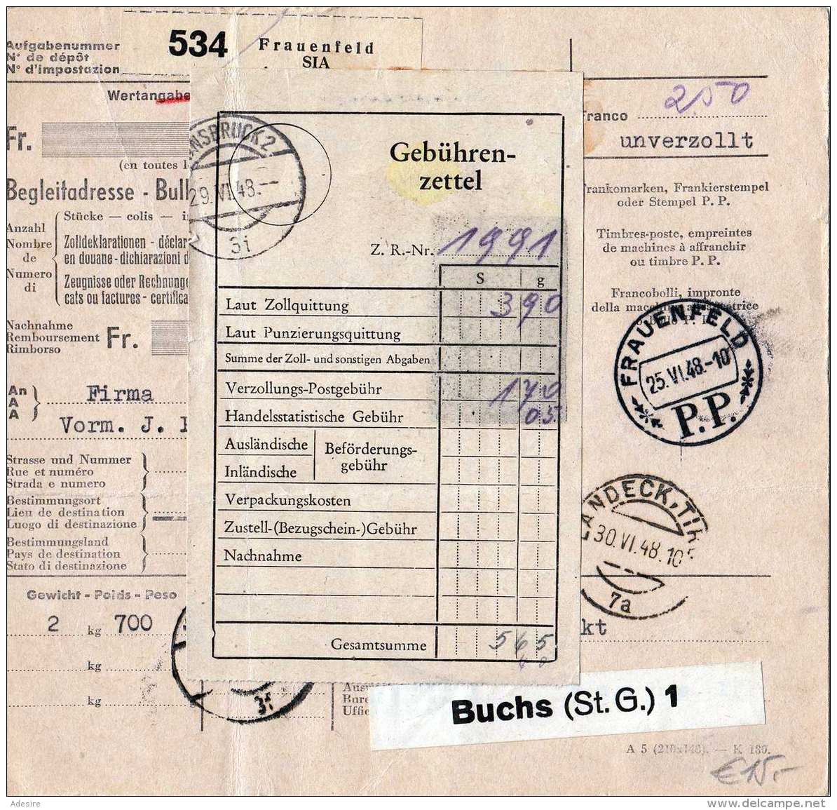 ÖSTERREICH NACHPORTO 1948 - 2 X 20 Gro Nachporto Auf Paketkarte Gel.v. Buchs Schweiz > Tirol Stempel Frauenfeld ... - Taxe