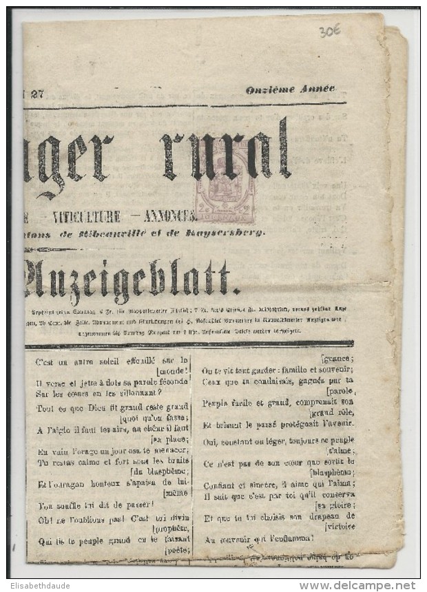 1869 - TIMBRE SUR JOURNAL FRANCAIS / ALLEMAND Des CANTONS De KAYSERSBERG Et RIBEAUVILLE (HAUT-RHIN) - 1849-1876: Période Classique