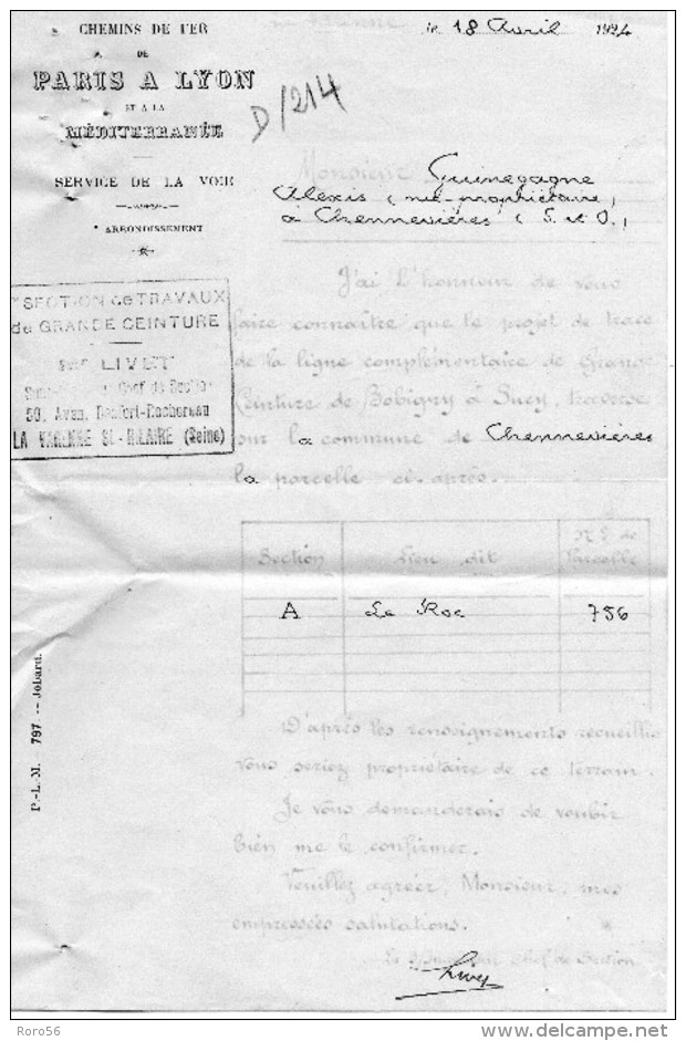 Chemins De Fer De Paris A Lyon Et A La Méditerranée-expropriation Pour Cause De Déviation Entre Lucy Et Bobigny - 1921-1960: Période Moderne