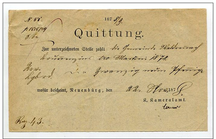 Wuerttemberg / 1878 / Quittung Ortsdruck Neuenbuerg (1/241) - Altri & Non Classificati