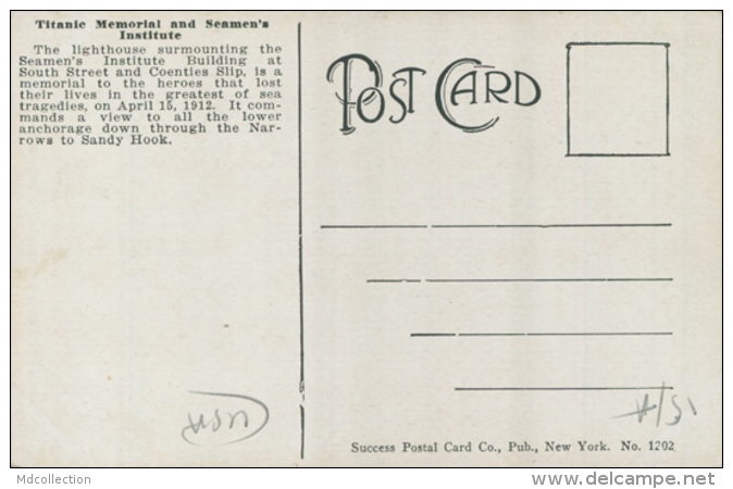 US NEW YORK CITY / Titanic Memorial And Seaman's Institute / CARTE COULEUR - Other Monuments & Buildings