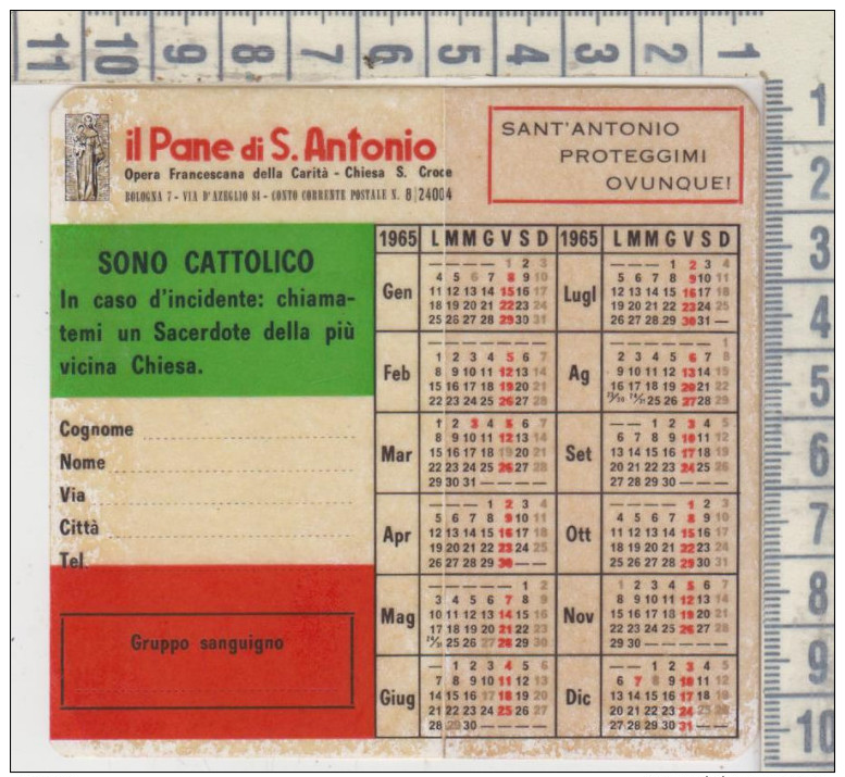 CALENDARIO FORMATO PICCOLO 1965 IL PANE S. ANTONIO BOLOGNA CHISA S. CROCE - Klein Formaat: 1941-60