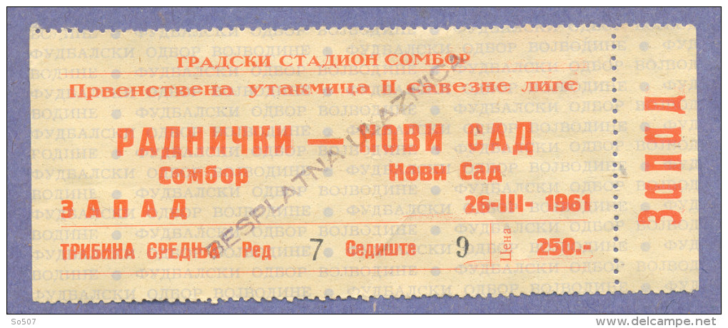 X2- Ticket, Sport, Football, Soccer, Radnicki, Sombor Vs Novi Sad, Novi Sad 1961.Yugoslavia - Eintrittskarten