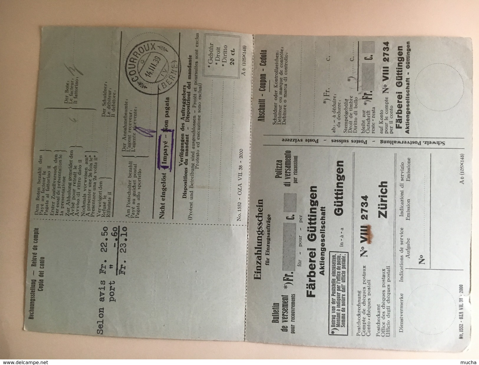 0567 - Mandat De Recouvrement Recommandé De Güttlingen 4.03.1939 Pour Courroux - Lettres & Documents