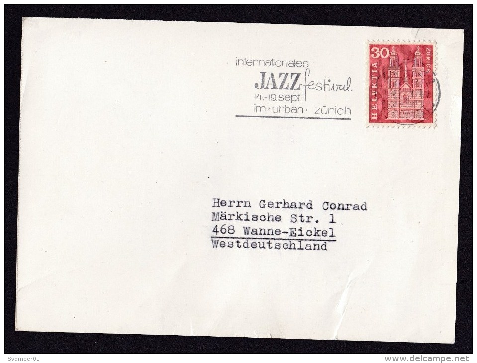 Switzerland: Postcard To Germany 1964, Single Franking, Cancel Jazz Festival, Sent By Jazz Center Zurich, Music (crease) - Storia Postale