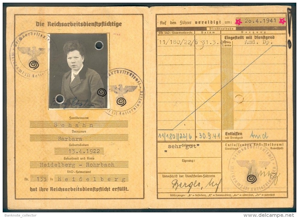 Deutschland, Germany - RAD - Reichsarbeitsdienst - Paß ( + 2 Fotos ) Von 1941 Aus Heidelberg ! - Historical Documents