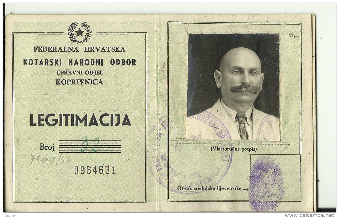 CROATIA  -  LEGITIMACIJA  --  ID CARD  --   WITH MAN PHOTO  --  1947 - Historische Dokumente