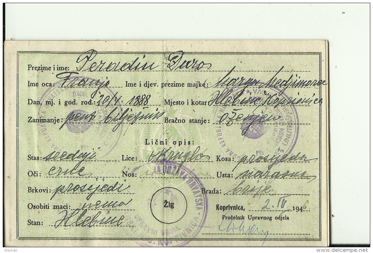 CROATIA  -  LEGITIMACIJA  --  ID CARD  --   WITH MAN PHOTO  --  1947 - Historische Dokumente