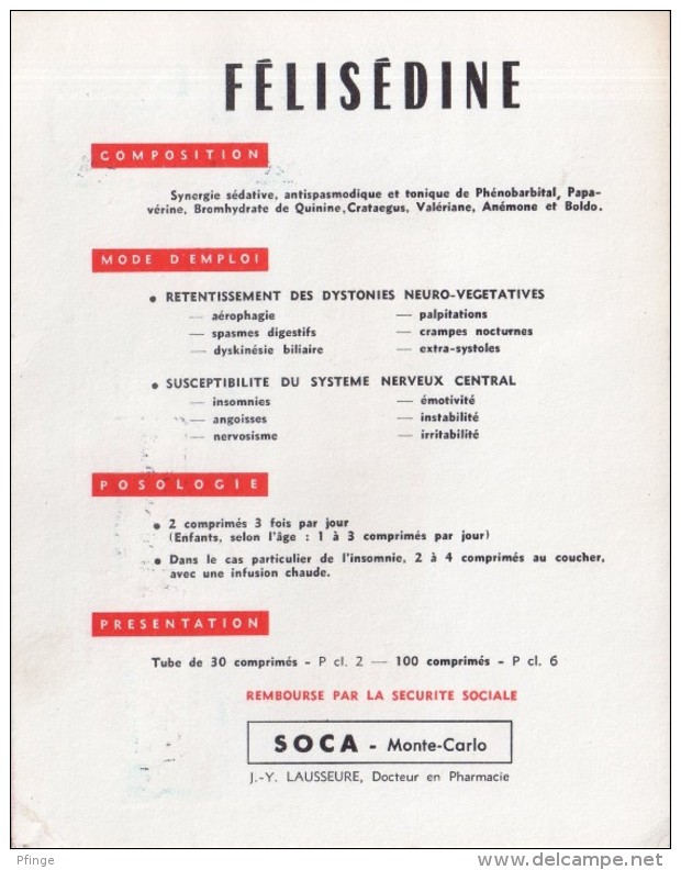 Carte Publicitaire Médicale Des Laboratoires SOCA, Monte-Carlo - Félisédine Avec 3 Timbres Oblitérés 1964 - Lettres & Documents