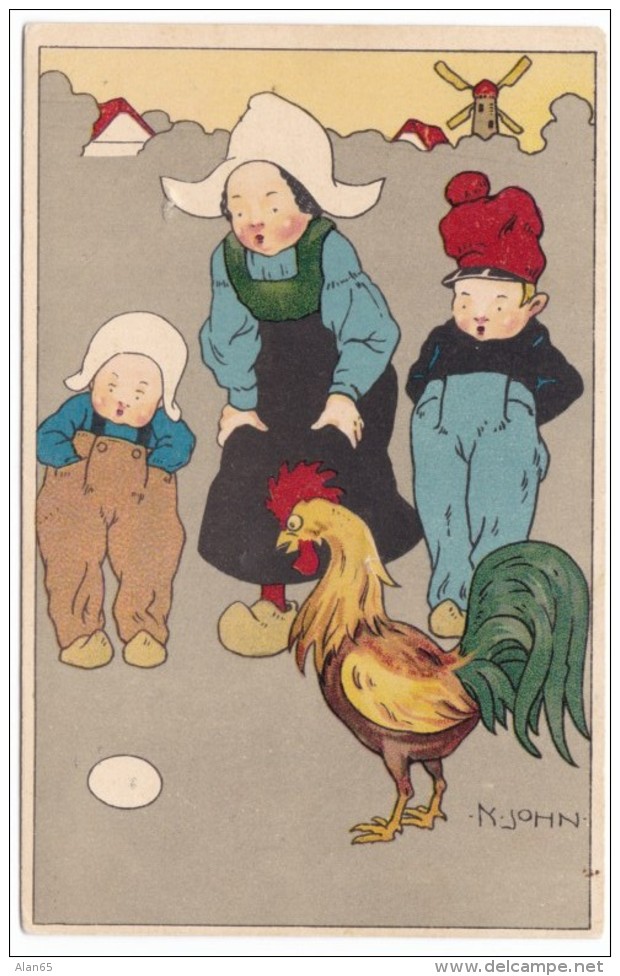 N. John Artist Signed Image, Dutch Children And Rooster Look At Egg, C1910s Vintage Postcard - Portraits