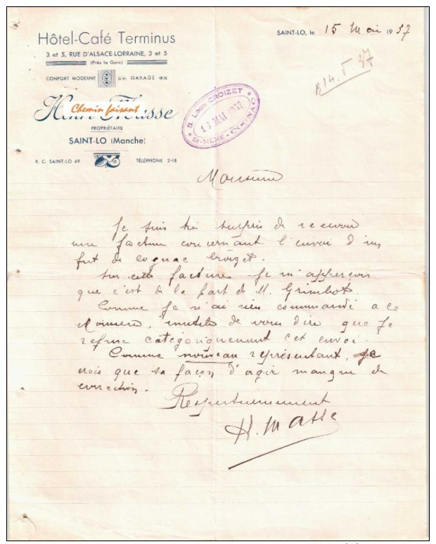 Document Du 15/05/1937 HENRI MASSE Hôtel-Café TERMINUS - Saint-Lô 50 Manche - 1900 – 1949