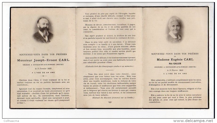 Souvenir Mortuaire  - Mme Eugénie Carl Née Galler Et Mr Joseph Carl,Décédés En 1935 à Cousances Aux Forges  55 - Obituary Notices