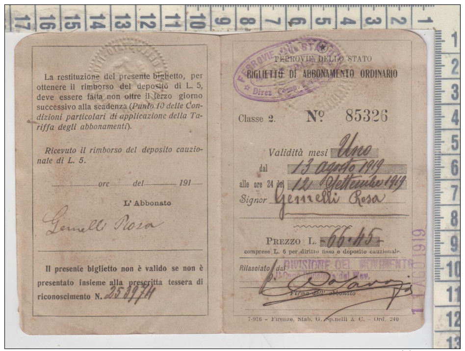 BIGLIETTO ABBONAMENTO ORDINARIO FERROVIE DELLO STATO PERCORRENZA MESSINA - ALI' MARINA 1919 - Documenti Storici
