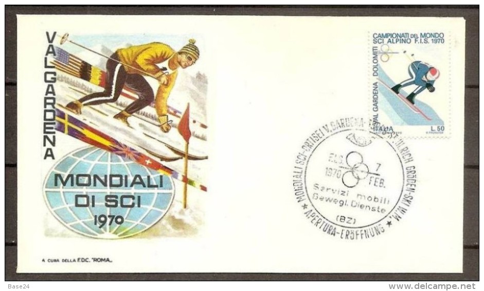 1970 Italia Italy Repubblica MONDIALI DI SCI  SKI Serie Su FDC 7/2/70 Ortisei - Sci