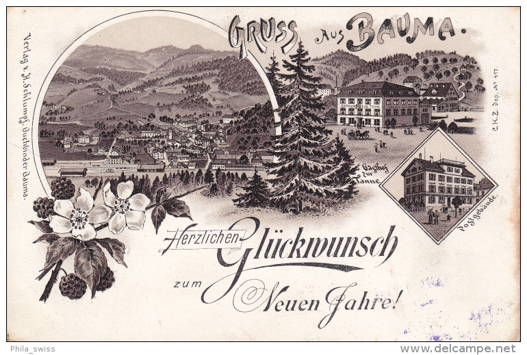 Bauma, Gruss Aus - Neujahrs Litho - Postgebäude, Gasthof Z. Tanne, Gesamtansicht - Bauma